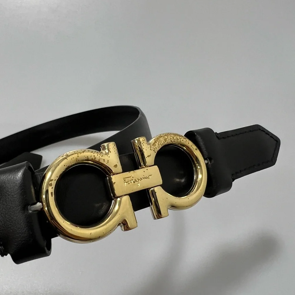 Salvatore Ferragamo Gancini Buckle Belt Black Gold Women’s 75/30 - Picture 2 of 6